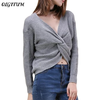 

Autumn New Pullover Sexy V-neck Halter Front/Back Two Wearing Ways Sweater Pullover Women Irregular Knotted Knit Pullover 2019