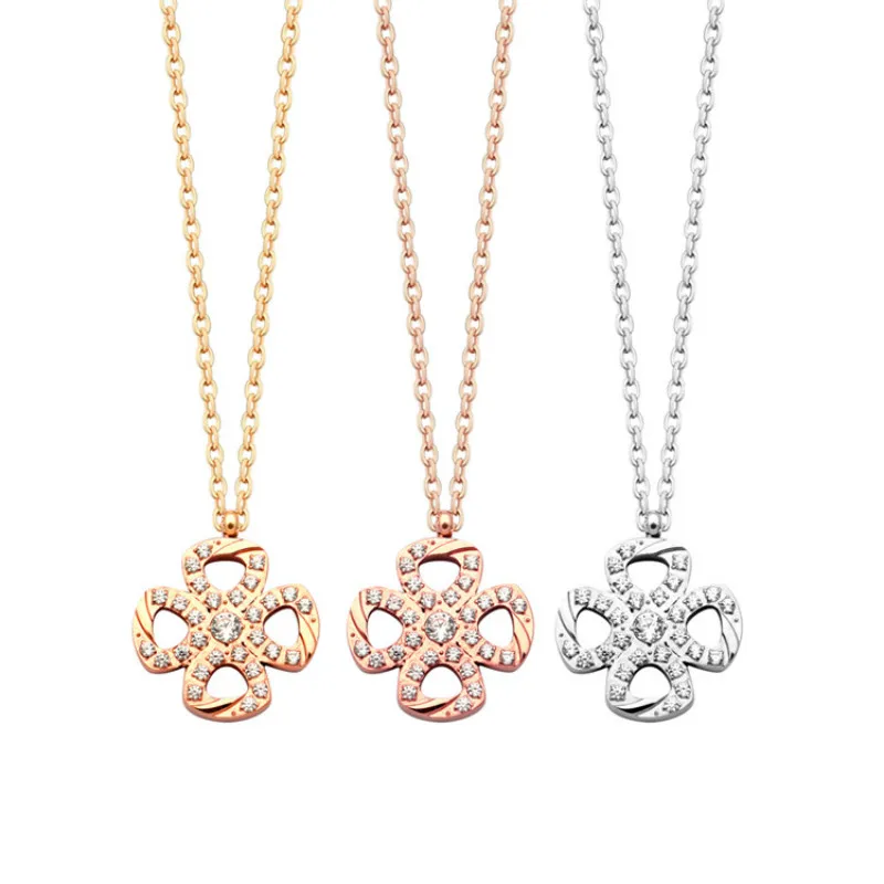 

Hollowed Rhinestone CZ Flower Golden / Silver / Rose Gold Color Stainless Steel Necklace