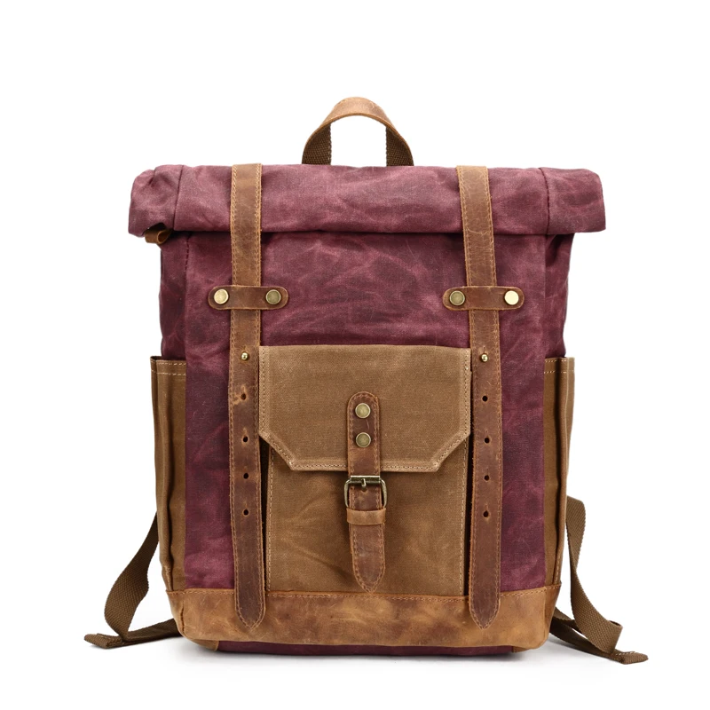 COLOR DISPLAY WINE RED of Woosir Waterproof Waxed Canvas Leather College Weekend Travel Backpack