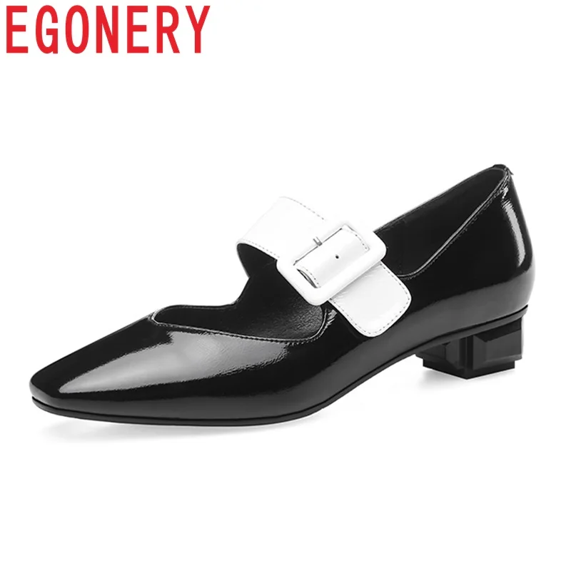 

EGONERY 2019 spring newest square toe genuine leather woman shoes size 34-39 ladies casual dress strange style low heel pumps