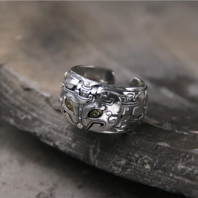Цельное Серебро 925 регулируемые кольца для мужчин винтажные китайские Мифические животные личности серебряное кольцо женские ювелирные изделия