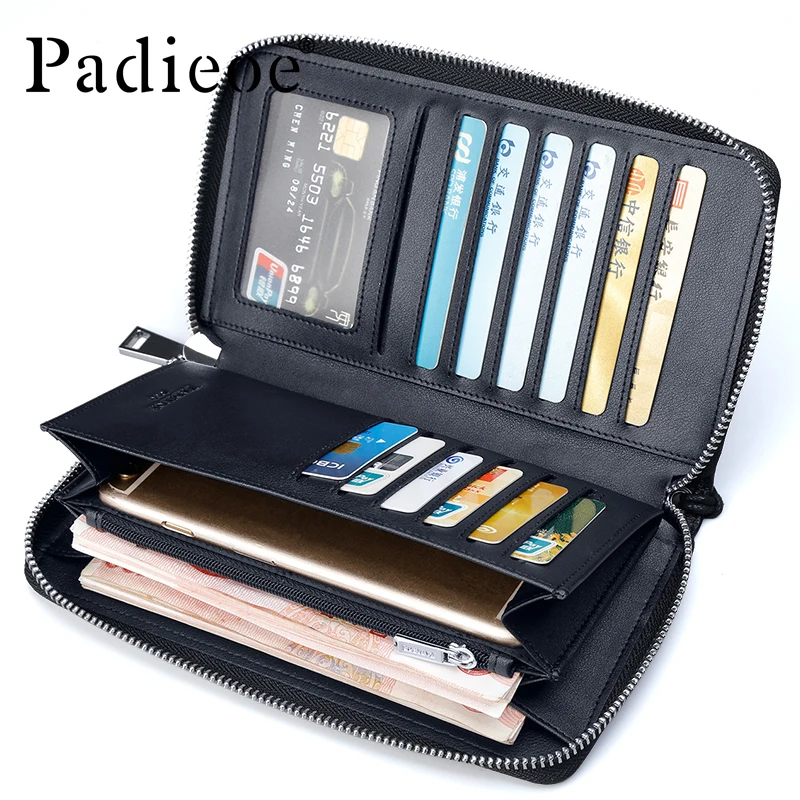 

Padieoe Business Men's Genuine Leather Long Wallet Phone Card Holder Real Cowhide Multi-Function Cluth Bag Wristlet Purse