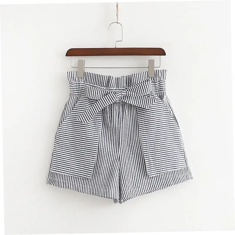 

Klacwaya women cotton short pants 2019 summer ladies fashion striped bow shorts girls chic street-wear pant pantalones cortos