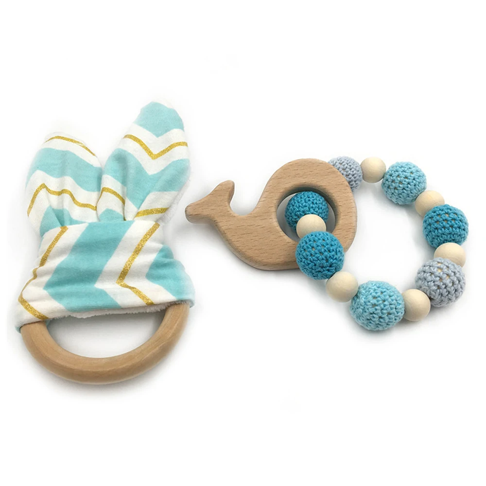 Enjoybay 2pc/set Baby Wooden Teething Rings Bunny Ear Teether Wooden Bracelets Non-toxic Natural Wood Teething Toy Newborns Gift
