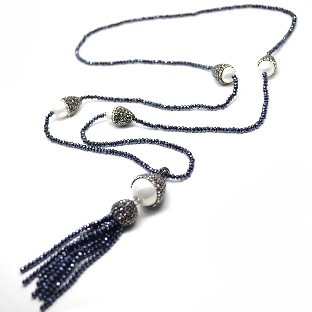 1pc Hematite Color Glass Crystal Seed Beads Tassel Shell Pendant Long Necklace Fashion Woman Jewelry Gift 1pc Hematite Color Glass Crystal Seed Beads Tassel Shell Pendant Long Necklace Fashion Woman Jewelry Gift