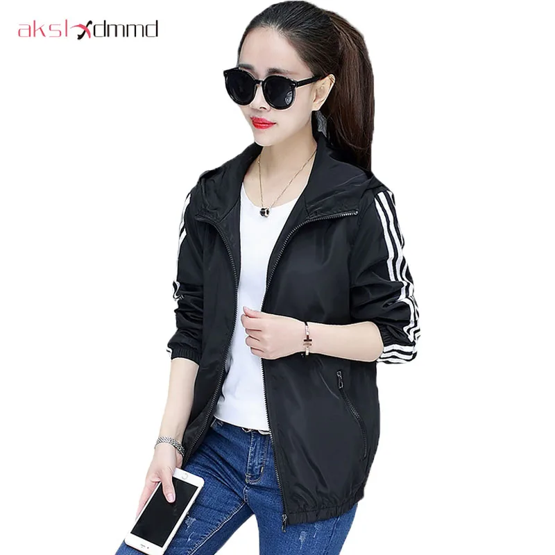 2019 Women Harajuku Spring Zipper Hooded Loose Casual Big Windbreaker