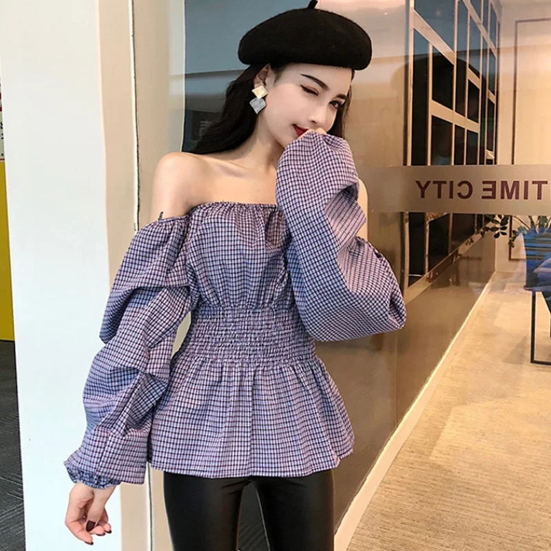 Сексуальный фиолетовый клетчатый топ с открытыми плечами летние женские блузки