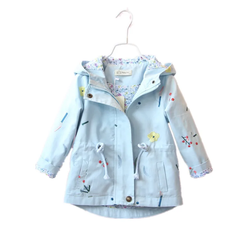 

New Spring Autumn Trench Coat Girls Windbreaker Baby Kids Flower Embroidery Hooded Outwear Baby Kids Jacket Christmas Clothing