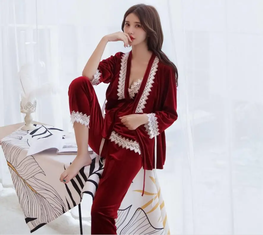 018 новая осенне-зимняя Пижама для женщин с длинным рукавом, комплект из 3 предметов, золотые бархатные пижамы, женские пижамы, комплекты пижам - Цвет: Красный
