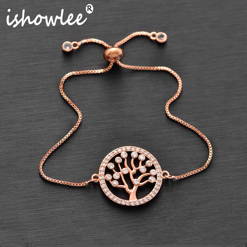 

ISHOWLEE Rose Gold 585 Tree of Life Amulets Bracelets with Stones Cubic Zirconia Lucky Charm Bracelets for Women Jewelry slb11