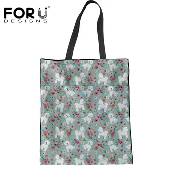 

FORUDESIGNS Casual Women Linen Tote Bags Bichon Frise Flower Print Female Reusable Grocery Bags Students Girls Canvas Book Bags
