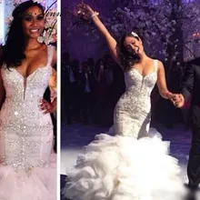 Плиссированные Свадебные платья русалки с кисточками сексуальное платье с v-образным вырезом Роскошные бусины-стразы в африканском стиле свадебное платье W0306