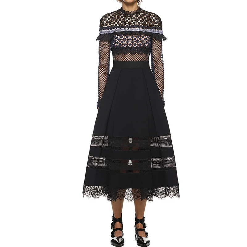 

LANMREM 2018 High Quality New Fashion Lace Patchwork Sweet Female's Long Sleeve High Waist Personality Dress Vestido YE78401