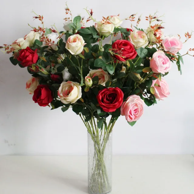 Amenmo 1 Pcs 3 Head French Rose Silk Flower Arrangement Artificial Amenmo 1 Pcs 3 Head French Rose Silk Flower Arrangement Artificial Fake Bouquet Wedding Living Room
