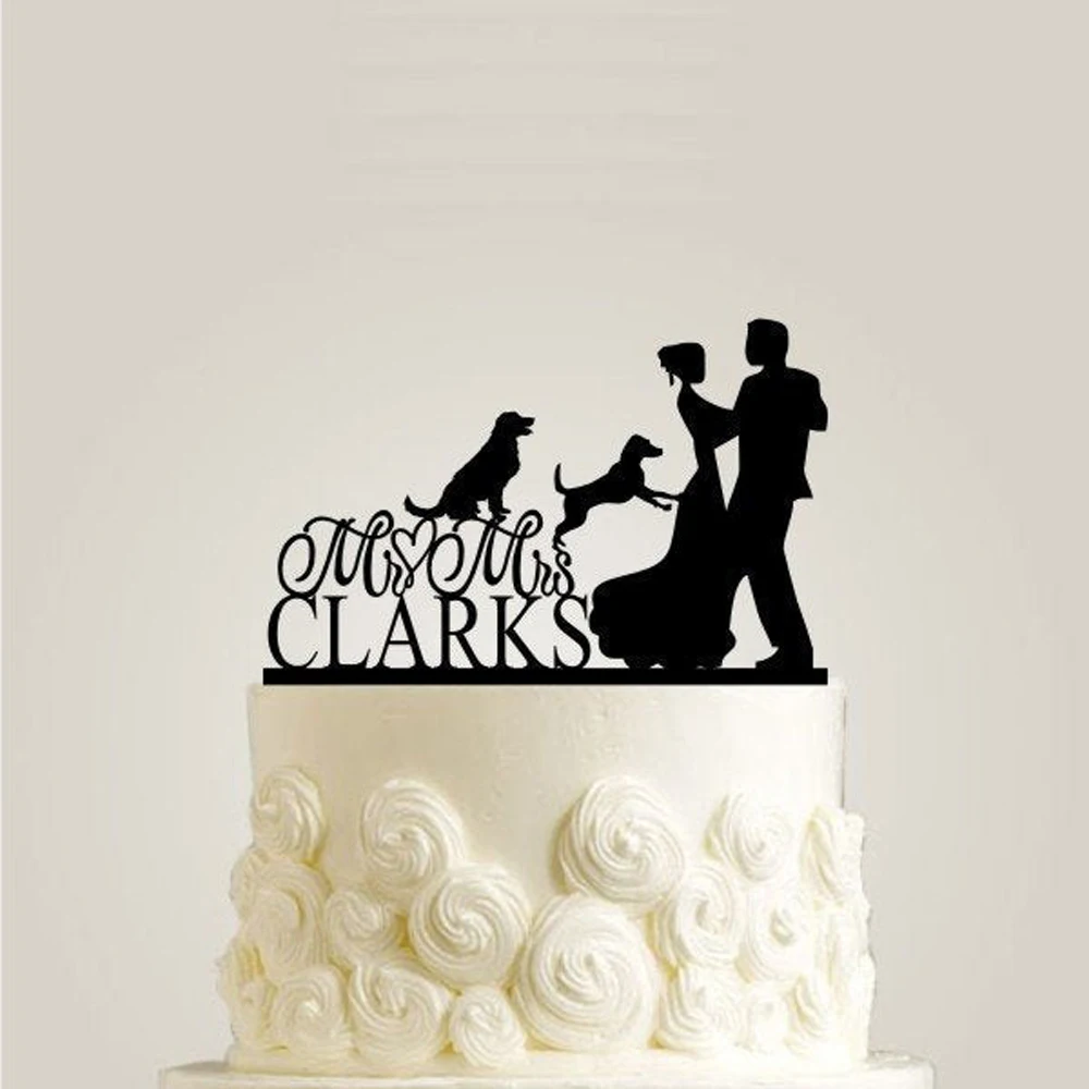 Пользовательские Mr &amp Mrs фамилия свадебный торт Топпер с двумя собаками