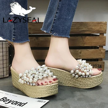

LazySeal 2019 Sandals Women Slippers Woman Shoes Beach Wild Pearl Wedge Thick Bottom Flip Flops 7.5cm Heels Platform Slippers