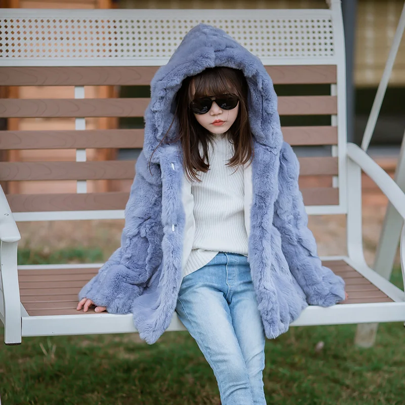 2018 Real Rex Rabbit Fur Coat Girl Fur Coat Wine Red Natural Rabbit Fur