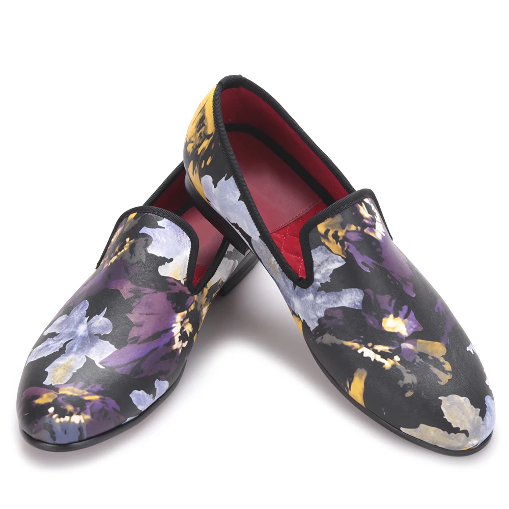 new arrival men floral printing flats shoes Handmade men casual shoes fashion style smoking slippers big size loafers