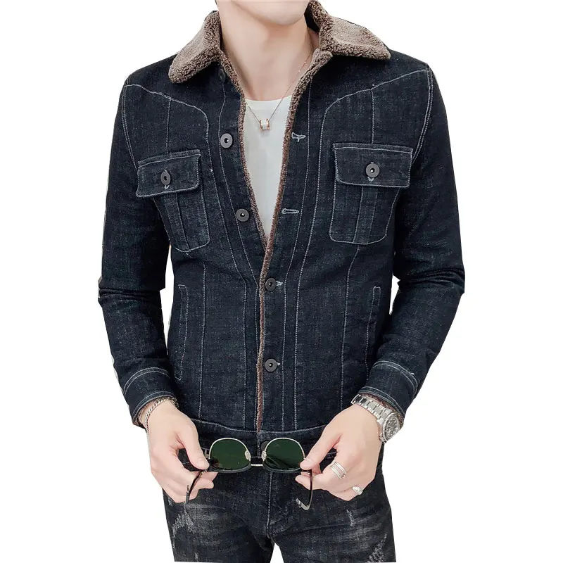 

2019 Men Fashion Denim Jackets Autumn and Winter Black Denim Jacket Thick Wool Coat Male Plus Velvet Denim Jacket Size M-3XL 4XL