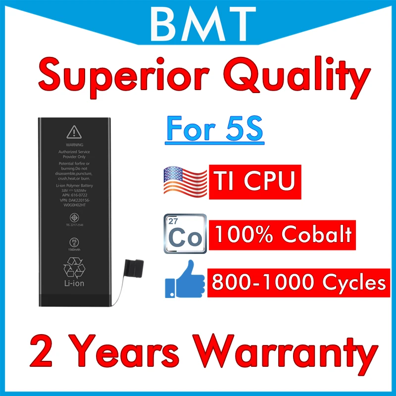 BMT Original 10pcs Battery for iPhone 5S Superior Quality 100% Cobalt + ILC Technology 2019 repair replace 1560mAh iOS 13