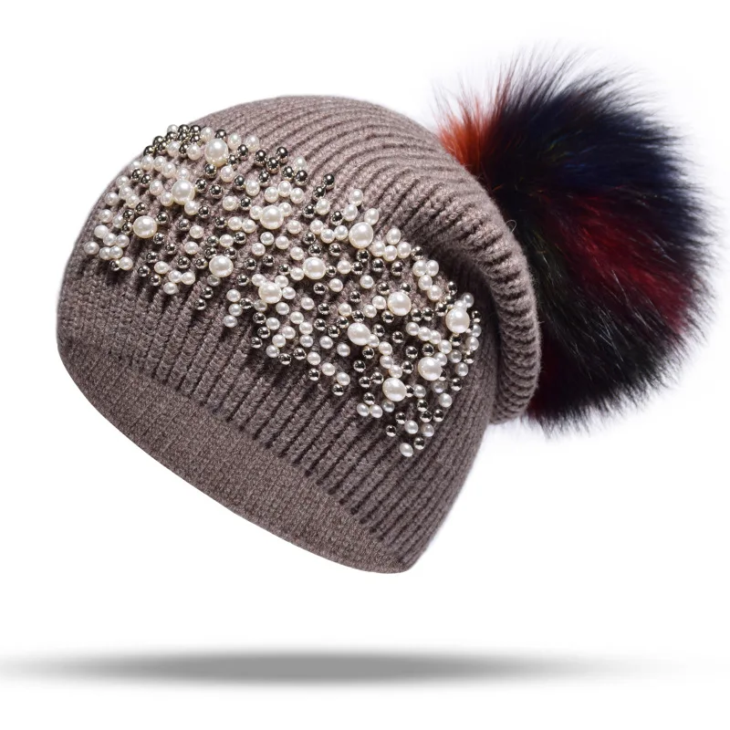 Women Winter Hat Wool Knit Raccoon Pom Pom Cap Warm Ski Outdoor Accessory  (2)