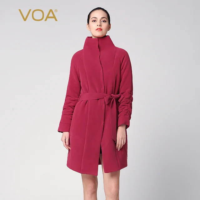 Cheap Red parka for women VOA long covered button turtleneck winter coat ladies adjustable waist cotton padded jacket M3602