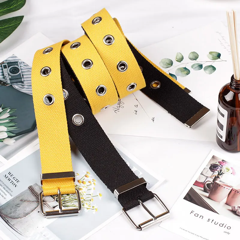 

OLOME Fashion Yellow Women Students Canvas Waist Belts Black Grommet Hollow Pin Buckle Waistband 3.8cm Wide Belt
