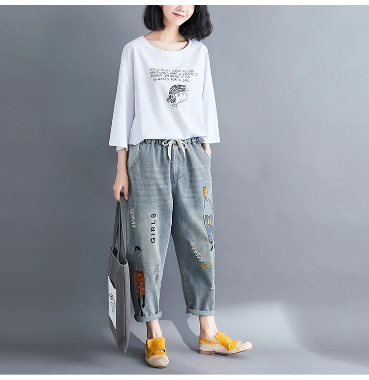 Весна-осень, женские джинсовые штаны, Корейская версия, мультяшная девушка, надпись, вышитые, рваные джинсы, штаны размера плюс, штаны до щиколотки