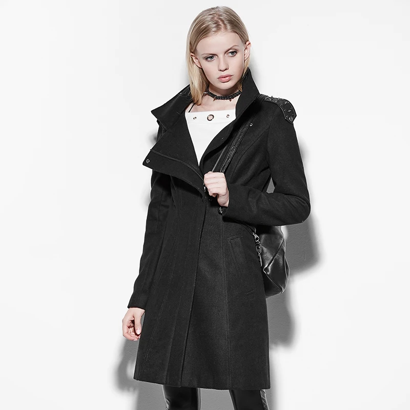 Punk Rivets High Neck Coat for Women Gothic Fashion Black Casual Woolen