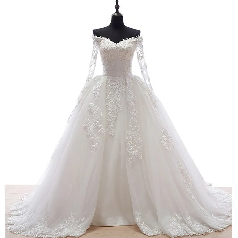 

Long Sleeves Wedding Dresses 2019 Off Shoulder Lace Appliqued with Sweep Train Sweetheart Bridal Gown Vestido de Noiva