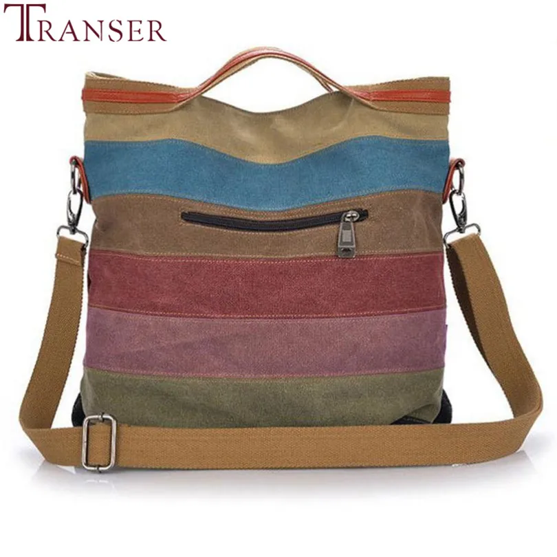 Transer New Fashion Women Canvas Striped Crossbody Bags Vintage Contrast Color Canvas Tote ...
