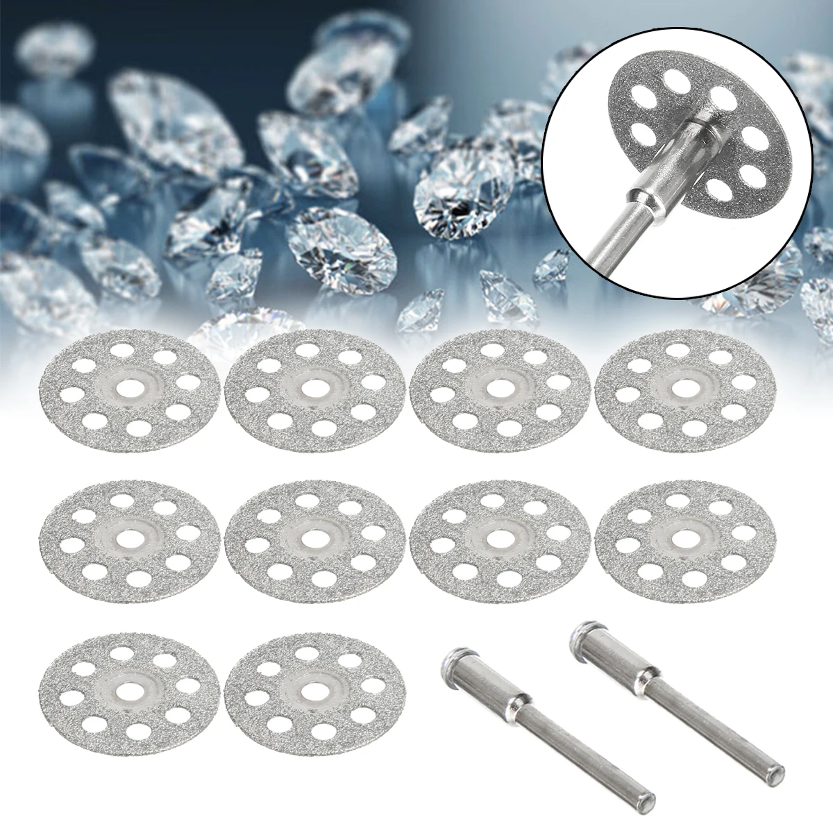 

10pcs/set 20mm Mini Diamond Saw Blade Silver Cutting Abrasive Discs with 2X Connecting Shank Mandrel for Drill Fit Rotary Tool