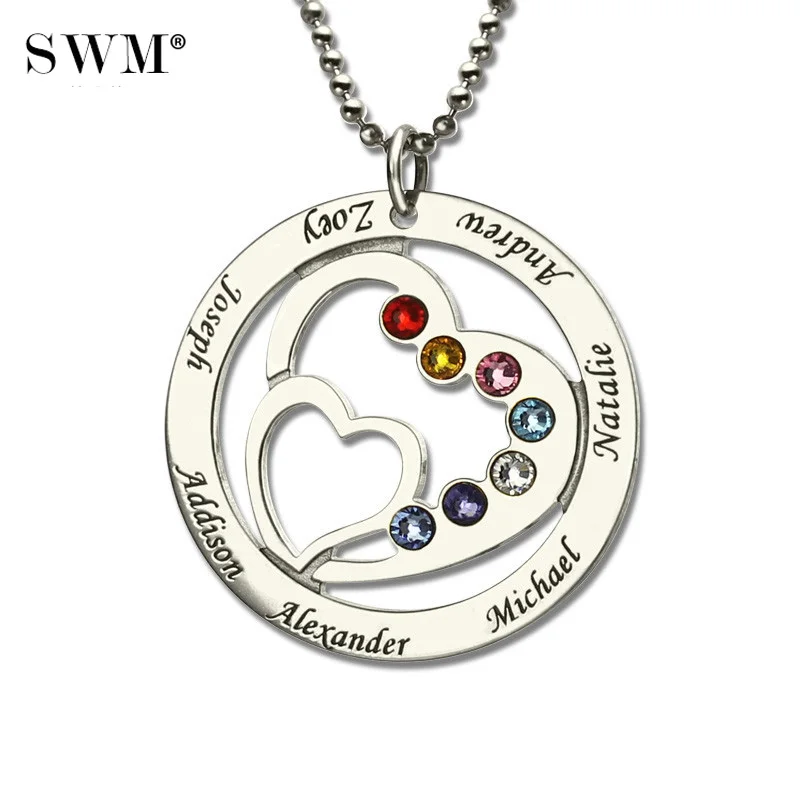 Сердце в камень-талисман в форме сердца семейное ожерелье гравировка имен Персонализированные 925 Серебряное ожерелье Mother Для женщин колье подвеска с цепочкой