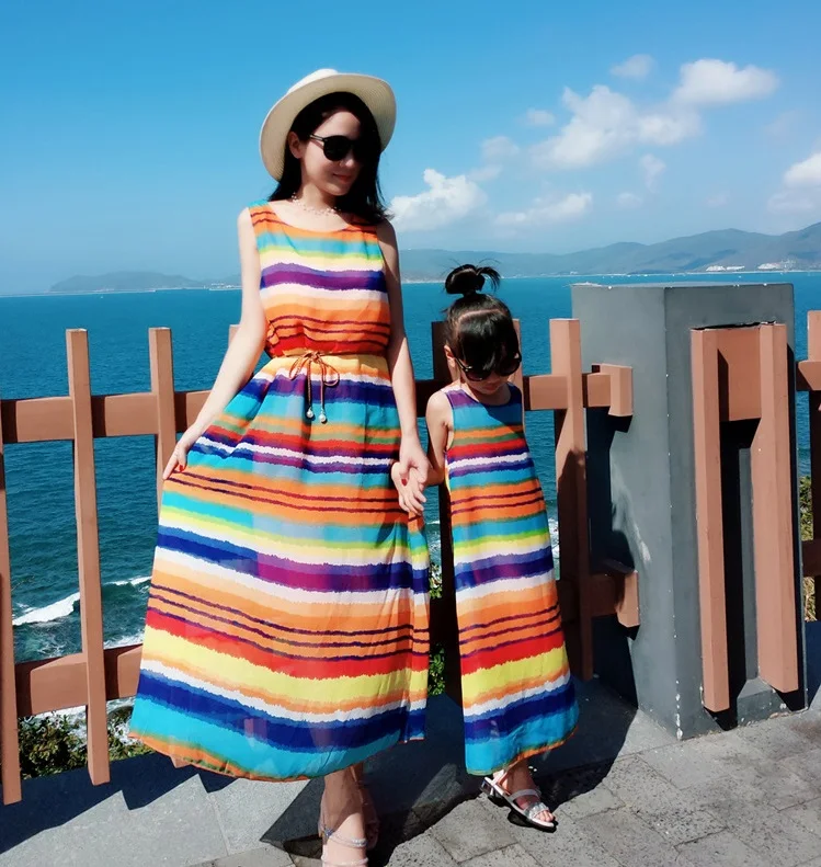 Rainbow Mother Daughter Beach Dresses Family Matching Rainbow Mother Daughter Beach Dresses Family Matching