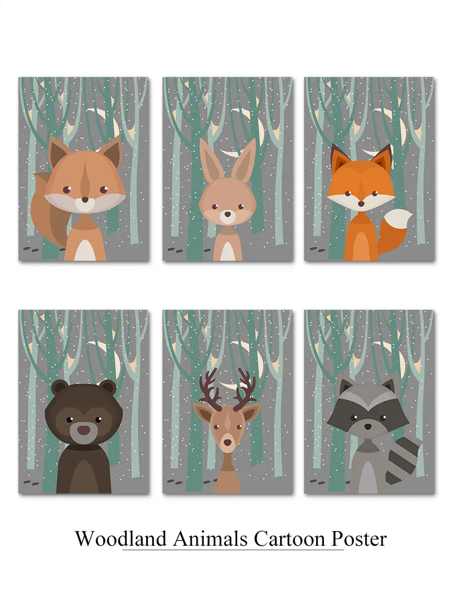 Spring Style Woodland Animals Wall Art Cartoon Pictures Canvas Painting Nursery Prints Vintage Poster Kids Room Decoration Mural (2)