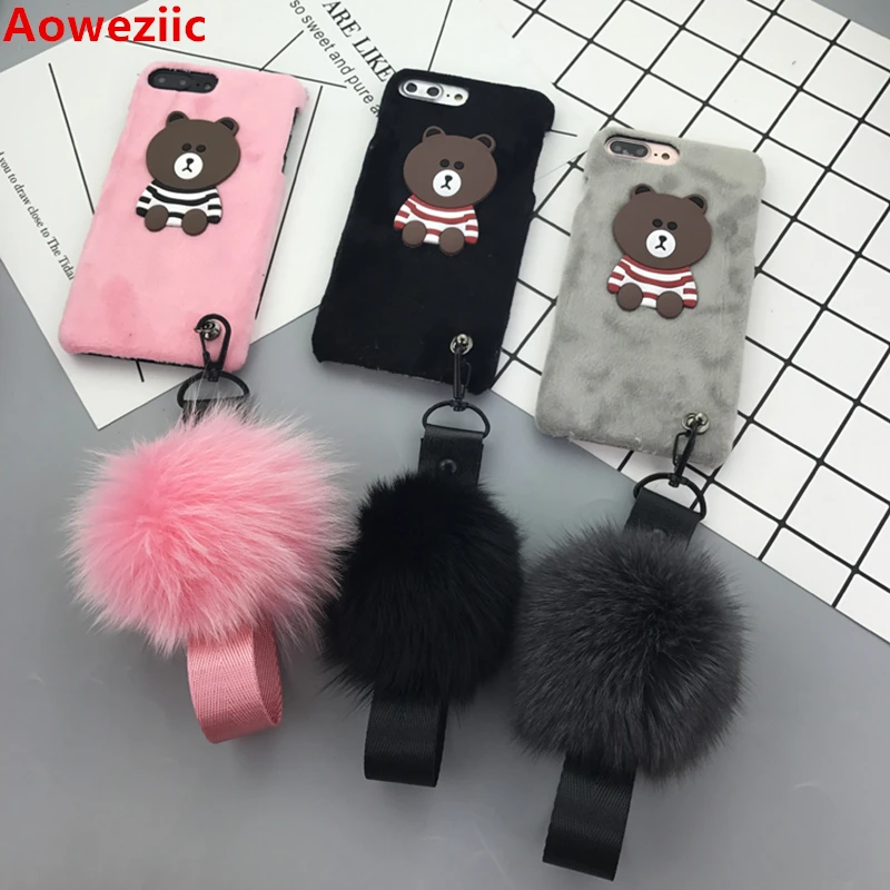 

Aoweziic Winter Plush shell 7/8plus mobile phone striped bear protective sleeve 6S fur ball wrist strap For iPhone X XS MAX XR