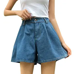 Новые модные летние Для женщин джинсовые шорты высота талии женские шорты голубая с карманом Повседневное Femininos Джинсы Короткие плюс