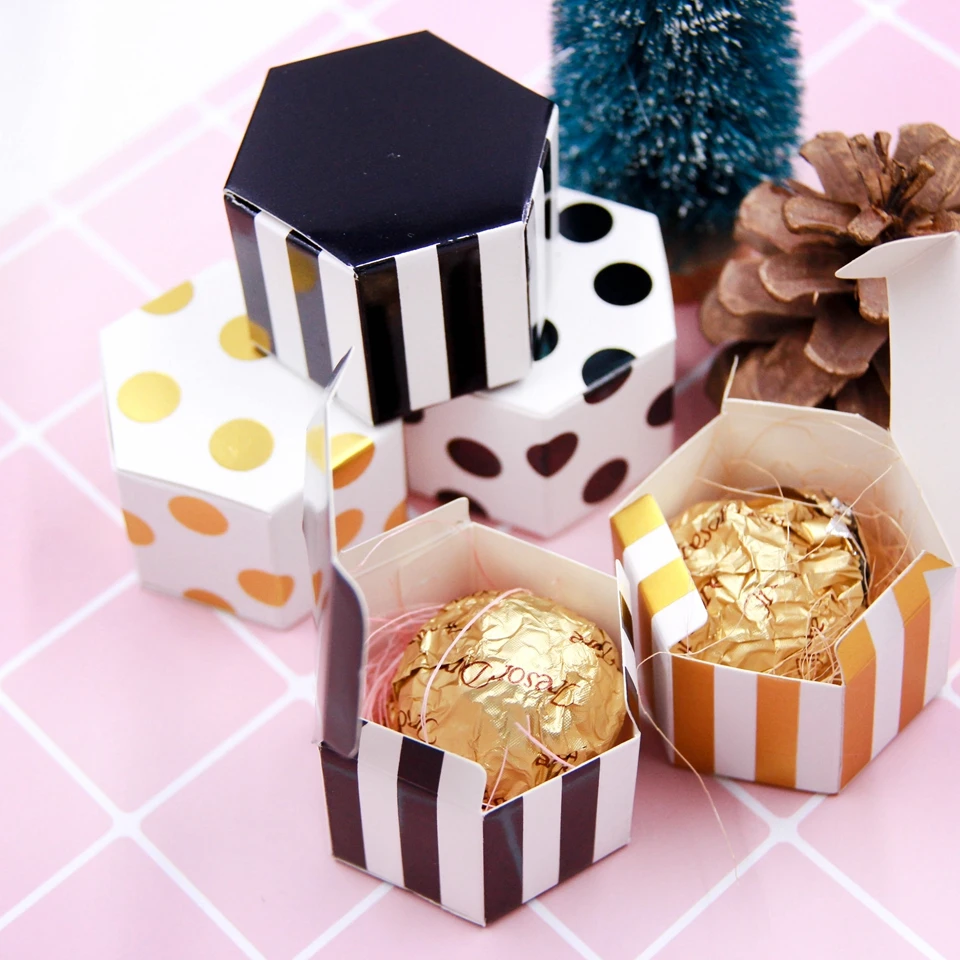 20pcs/lot Mini Cute Gold Dot Hexagon Candy Gift Box For Wedding