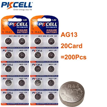 

200Pcs/20card PKCELL 1.5V AG13 145Mah LR44 L1154 RW82 RW42 SR1154 SP76 A76 357A Battery Button Coin Batteries for thermometer