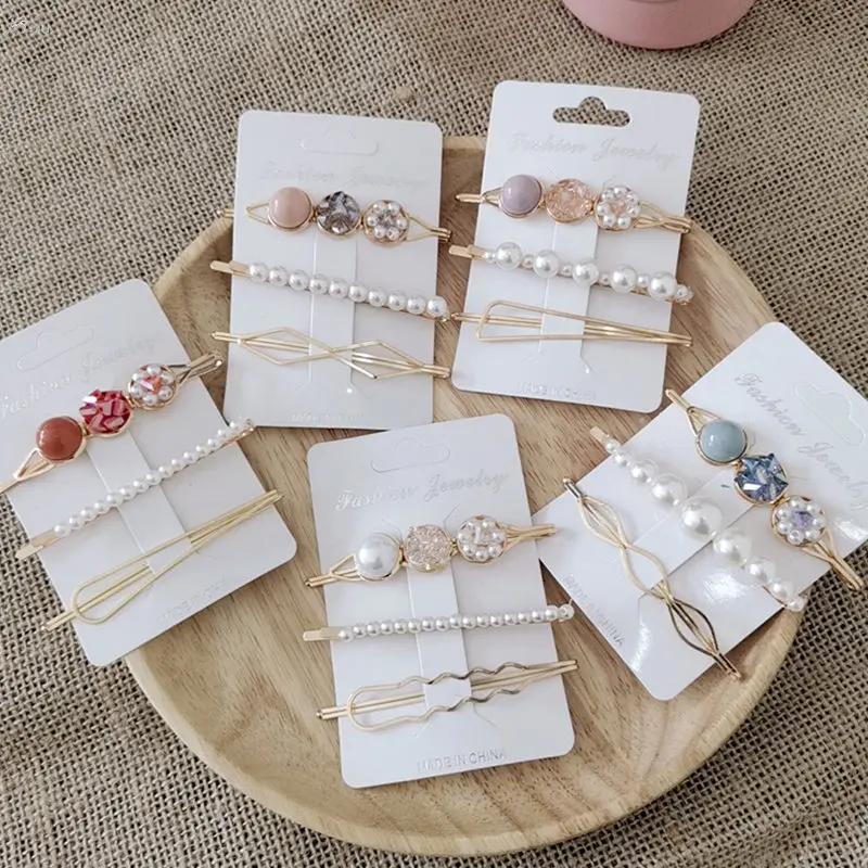 

AOMU 3PCS Women Metal Acrylic Beads Hairpins Imitated-pearl Crystal Flower Hair Clips Geometric Irregular Hair Accessori