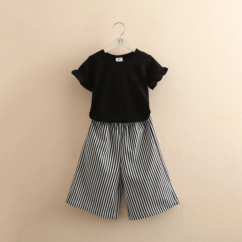 

Baby sets 2019 new summer cotton suite girl clothes black T-shirt Striped wide-leg pants two-piece set