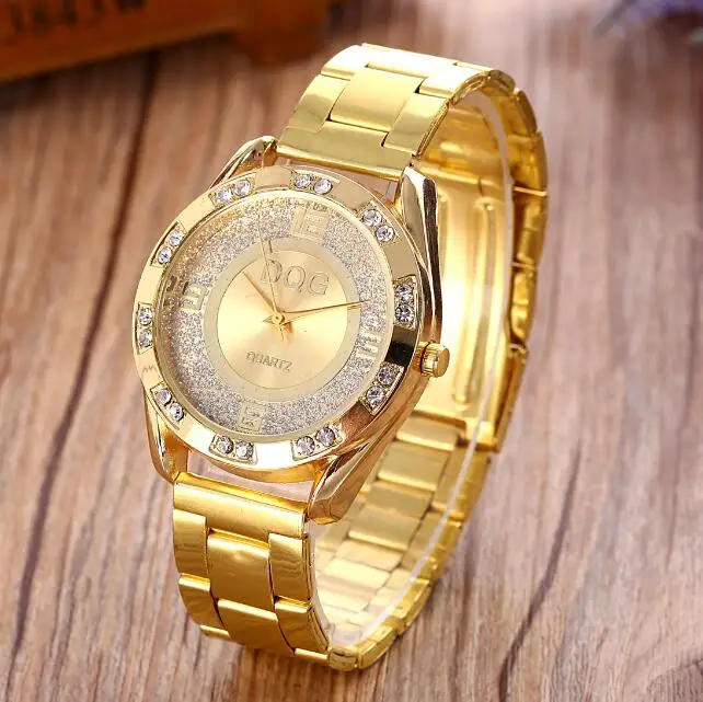 Новинка, известный бренд DQG, женские золотые кварцевые часы из нержавеющей стали, роскошные повседневные Аналоговые часы с кристаллами, горячая распродажа - Цвет: gold a