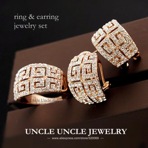 

Beautiful Luxury Woman Jewelry Set Rose Gold Color Brand Retro Rome Style Zirconia Studded Paved G Design Earring/Ring Wholesale