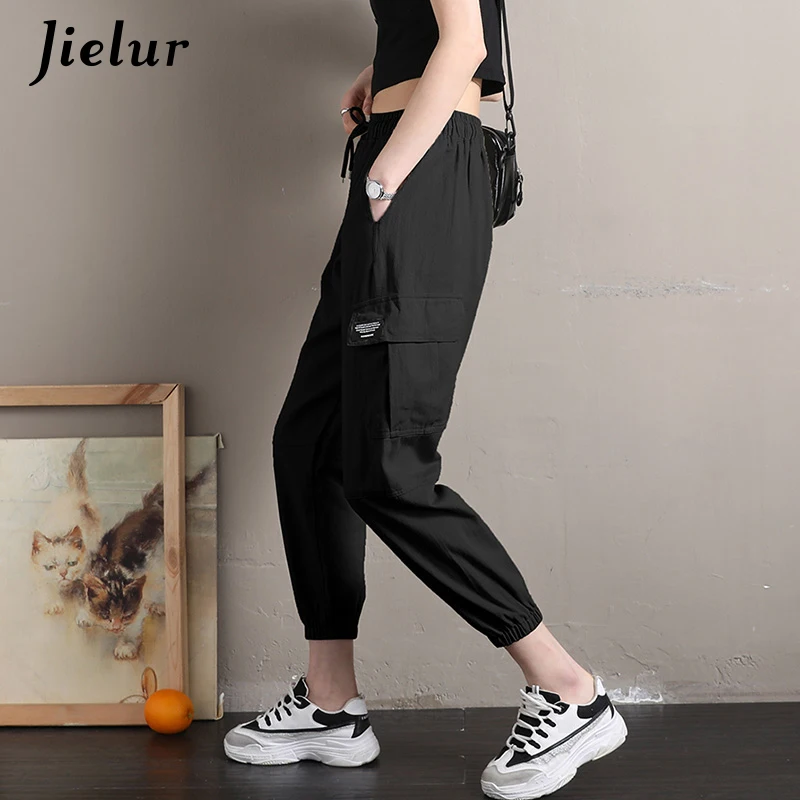 Jielur BF харадзюку женские брюки карго Модные Карманы хаки Pantalon с завышенной талией