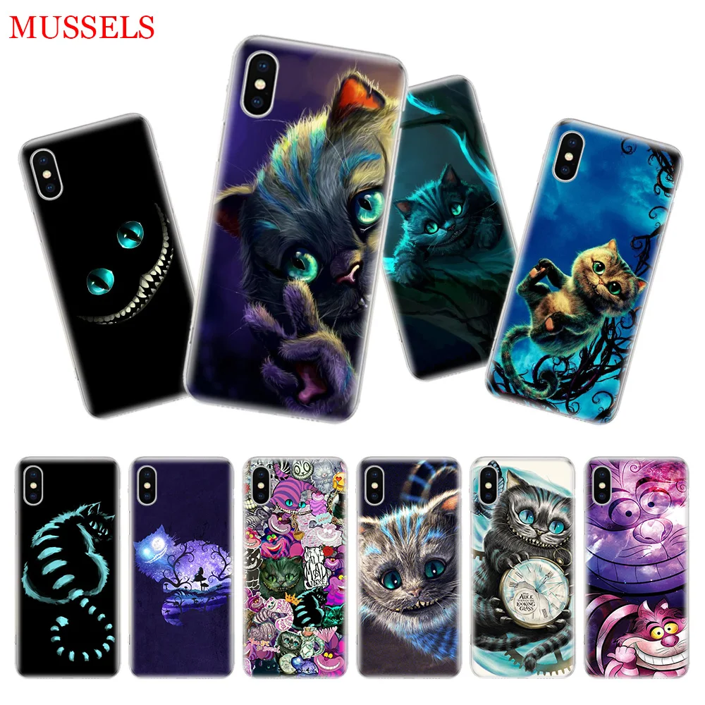 

Alice in Wonderland Cat Phone Case For iPhone 7 8 6 6S Plus X 10 Ten XS MAX XR 5S SE Art TPU Covers Coque Capa Cas Shell