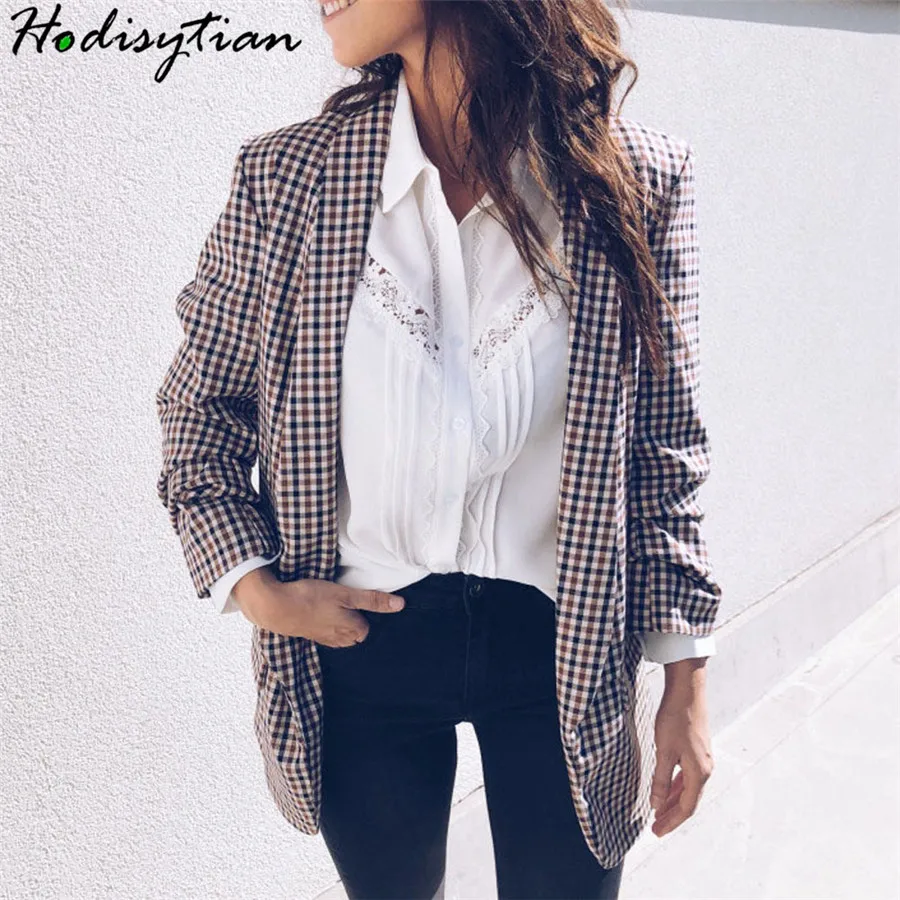 

Hodisytian Autumn Fashion Blazer For Women Plaid Casual Slim Suits Jackets Coat Outerwear Long Sleeve Lapel Thin coat Blaser