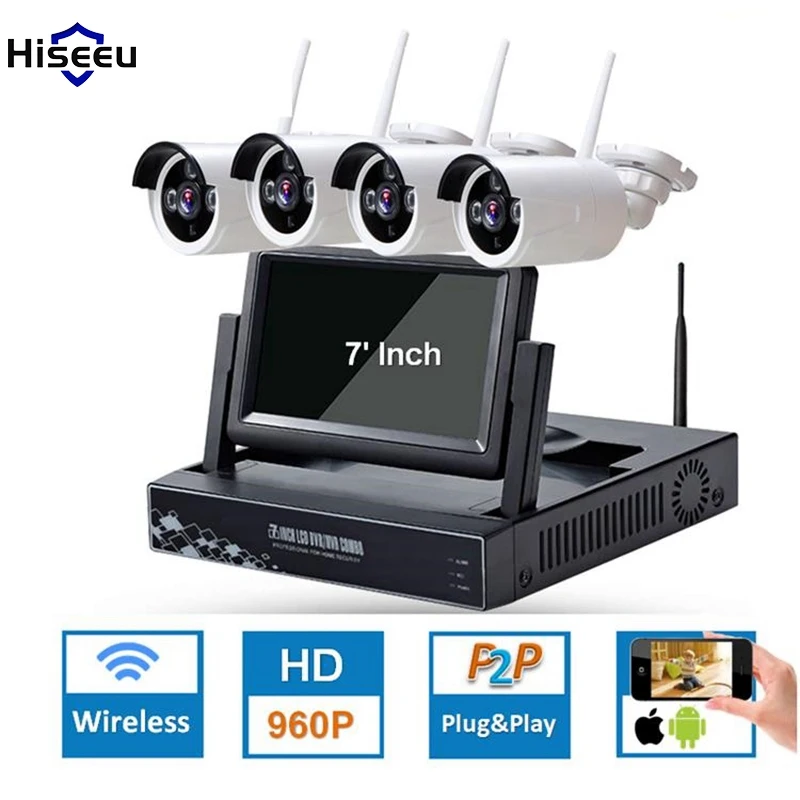 

Hiseeu 4CH 7 Inch Displayer NVR 960P Wireless IR Night Vision Camera Security IP Surveillance Kit Smart Home Security
