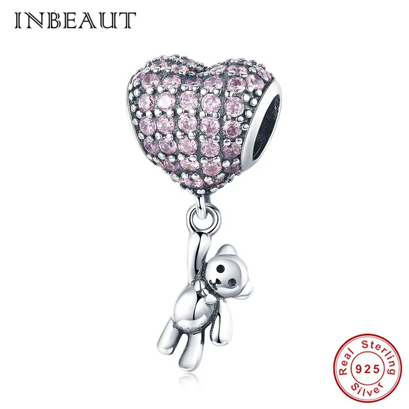 

INBEAUT 100% 925 Sterling Silver Pink Cubic Zironia Heart Hot Balloon Bear Beads Real S925 Stamp CZ Charm fit Pandora Bracelet