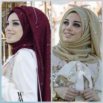

NEW shimmer veils hijab scarf shiny pearls beaded crinkle shawl fashion muslim hijabs women maxi scarves shawls islamic scarf