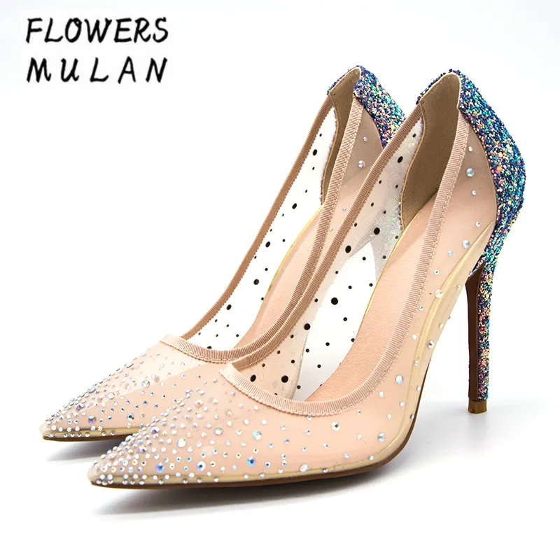 

2018 Summer New Cinderella Pointed High Heels Women Pumps Leather Rhinestones Wedding Shoes Woman Pointed Toe High Heels Ladies